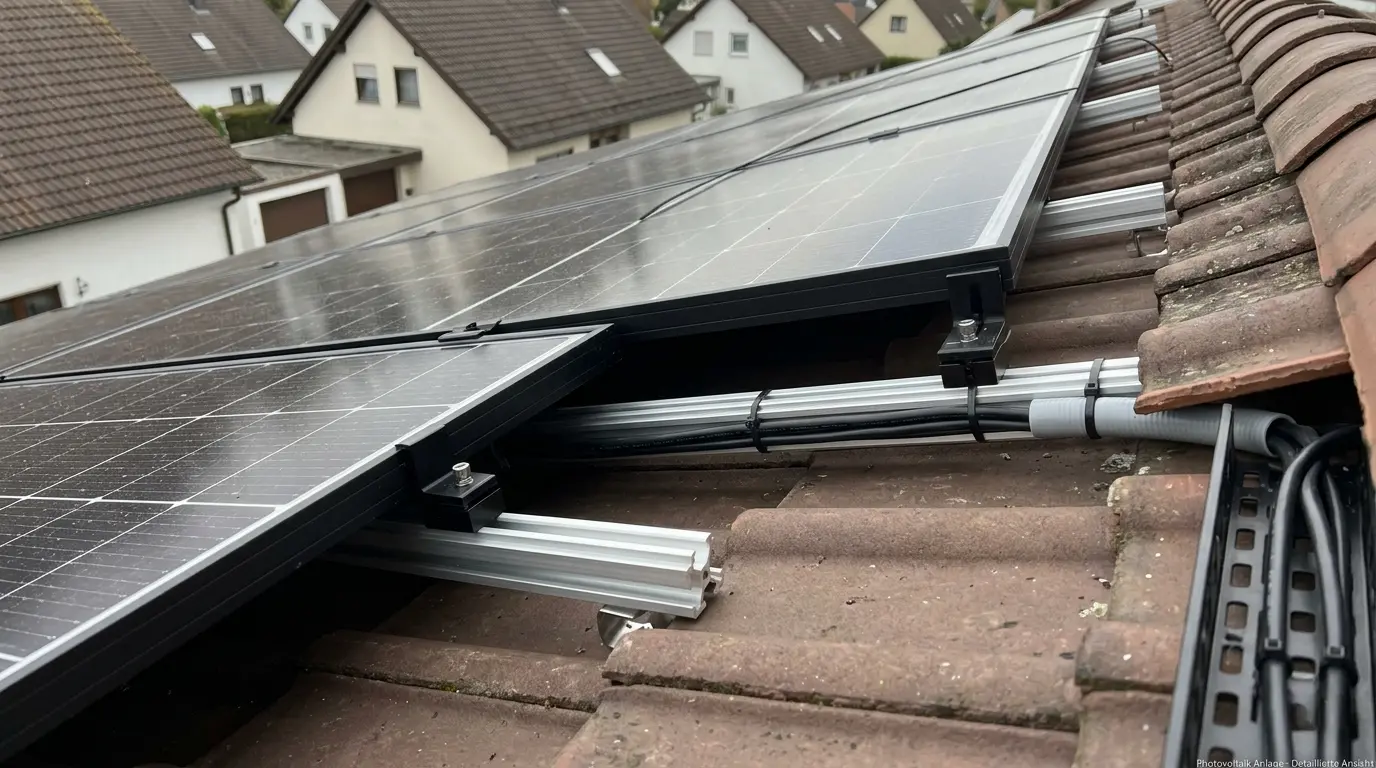 Detailaufnahme der Photovoltaik-Montage mit Schienensystem auf einem Ziegeldach in Berlin